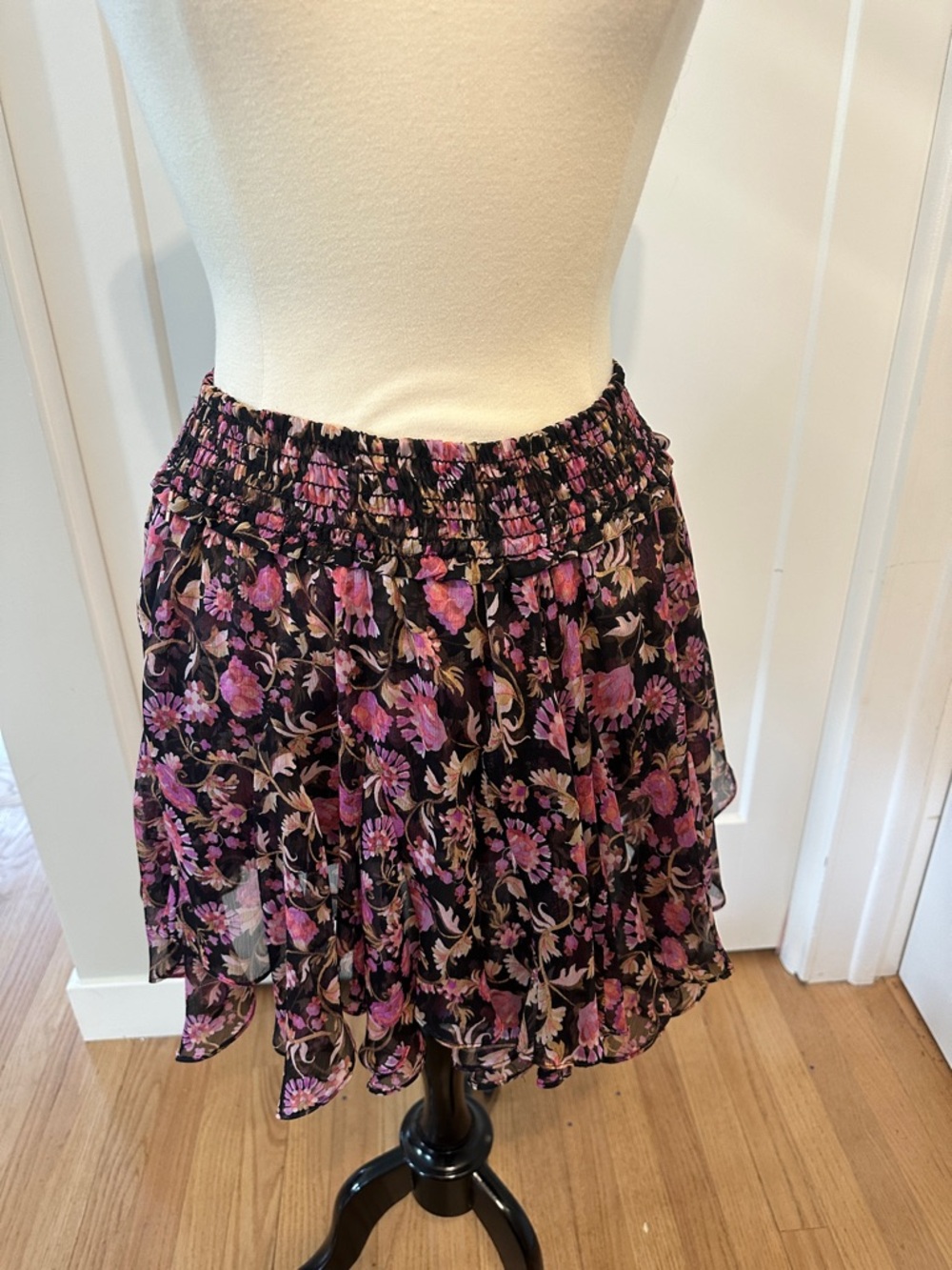Misa Los Angeles Black Mini Skirt with Pink & Purple Floral Print